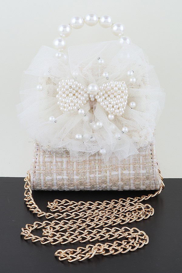 Pearled Ribbon Lace Chain Clutch