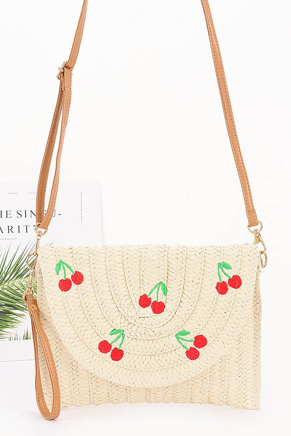 Faux Straw Cherry Clutch