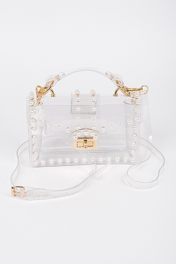 Transparent Single Handle Clutch W/Faux Pearl
