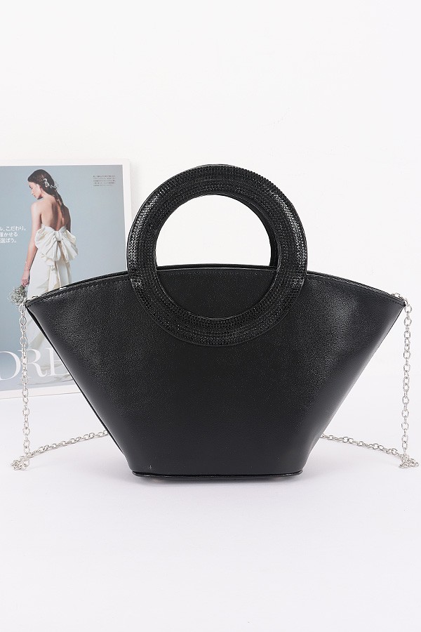 Metallic Faux Leather Rhinestone Handle Clutch